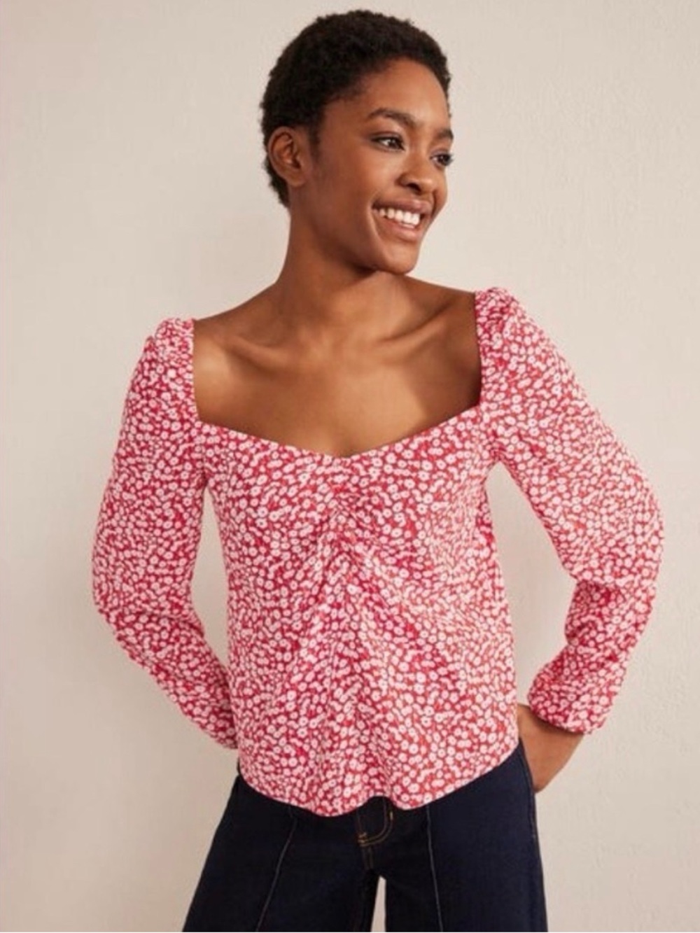 Boden Pink and White Floral Square-Neck Blouse